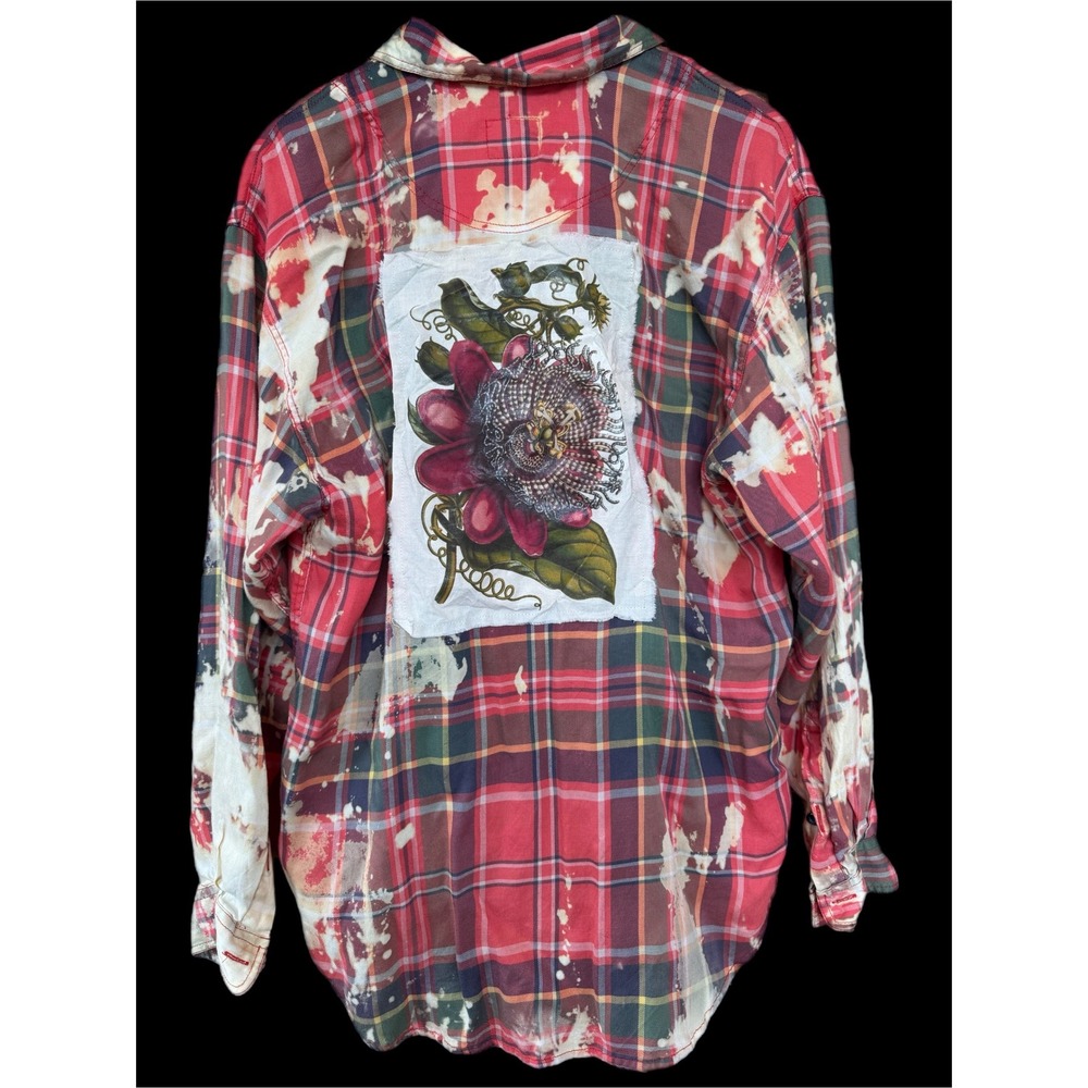 Upcycled Floral Flannel Shirt Rayon Bleach Art Medium Boho - Picture 3 of 8